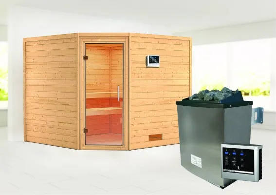 Karibu | Leona Sauna | Helderglas Deur | Kachel 9 kW Externe Bediening