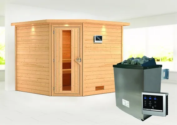 Karibu | Leona Sauna met Dakkraag | Energiesparende Deur | Kachel 9 kW Externe Bediening