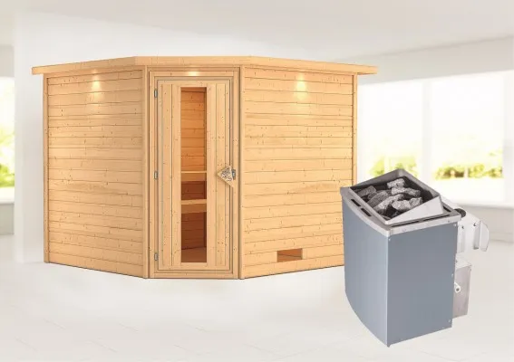 Karibu | Leona Sauna met Dakkraag | Energiesparende Deur | Kachel 9 kW Geïntegreerde Bediening