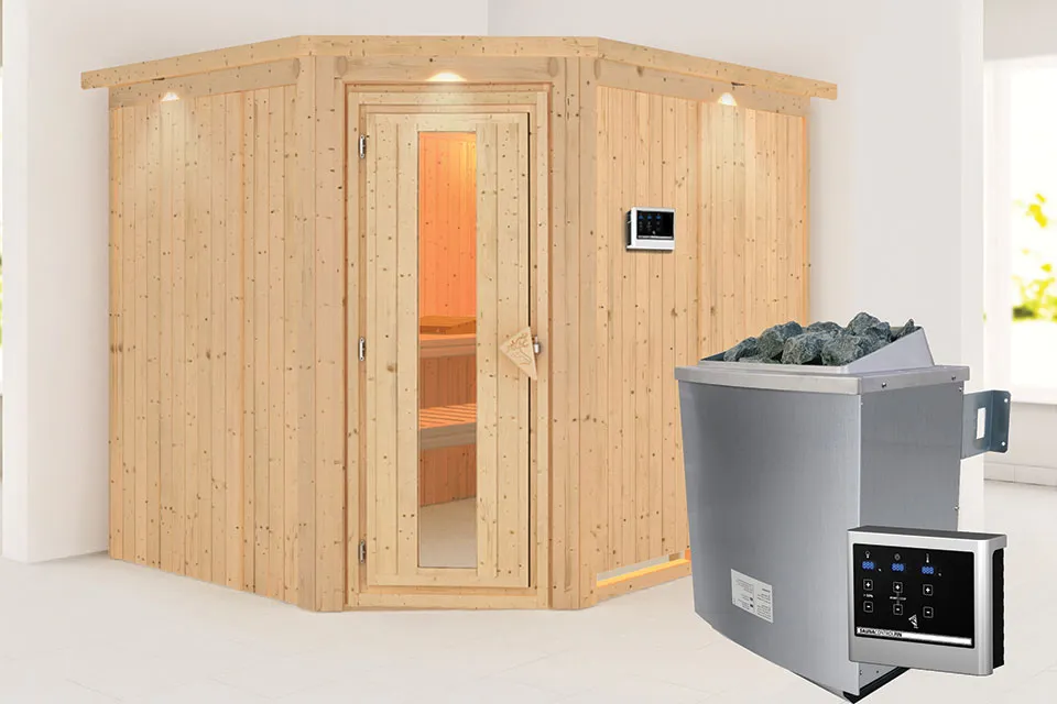 Karibu | Malin Sauna met Dakkraag | Energiesparende Deur | Kachel 9 kW Externe Bediening