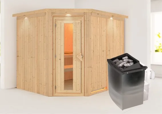 Karibu | Malin Sauna met Dakkraag | Energiesparende Deur | Kachel 9 kW Geïntegreerde Bediening