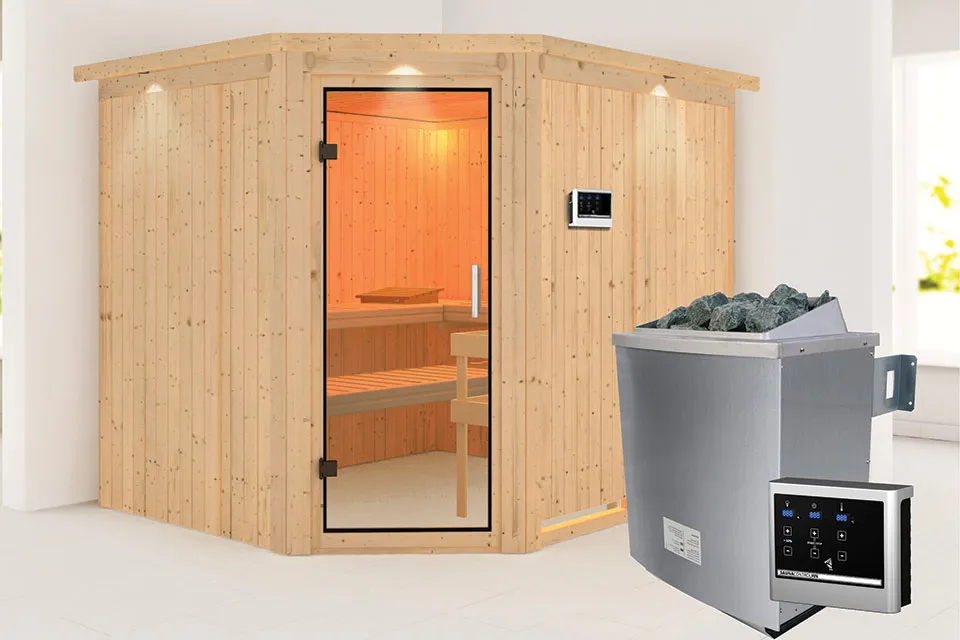 Karibu | Malin Sauna met Dakkraag | Helderglas Deur | Kachel 9 kW Externe Bediening