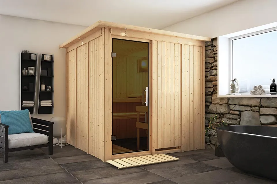 Karibu | Rodin Sauna met Dakkraag | Antracietglas | Kachel 9 kW Geïntegreerde Bediening