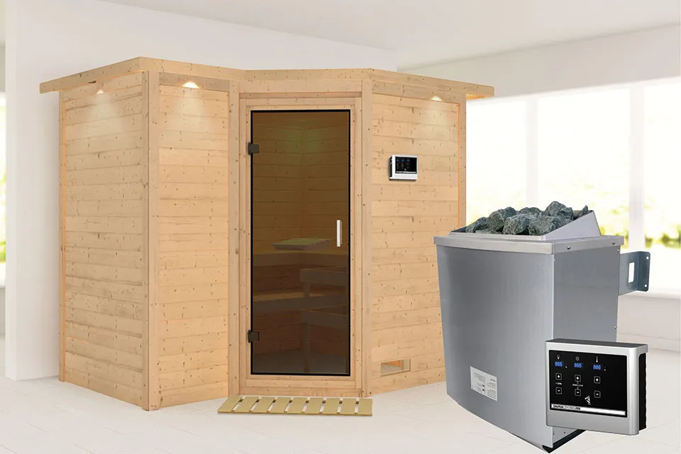 Karibu | Sauna Sahib 2 met Dakkraag | Antracietglas | Biokachel 9 kW Externe Bediening