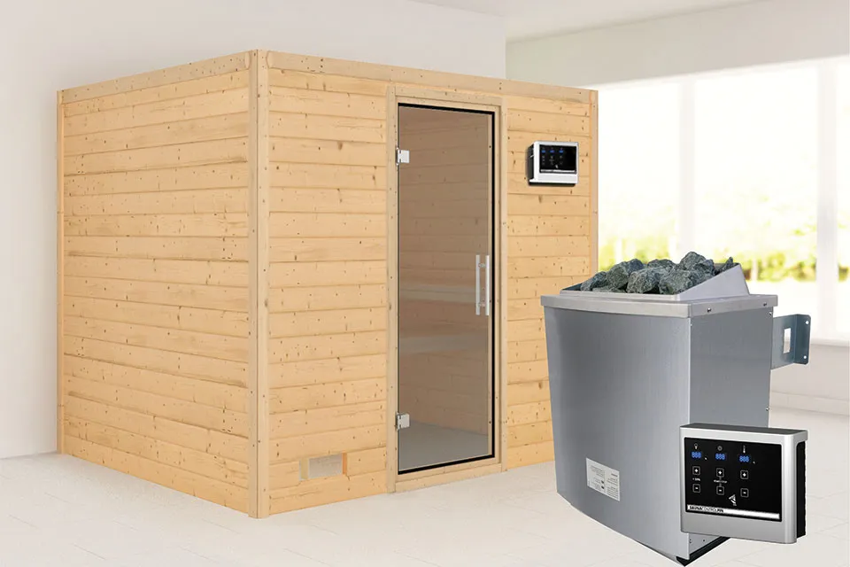 Karibu | Sonara Sauna | Antracietglas | Biokachel 9 kW Externe Bediening