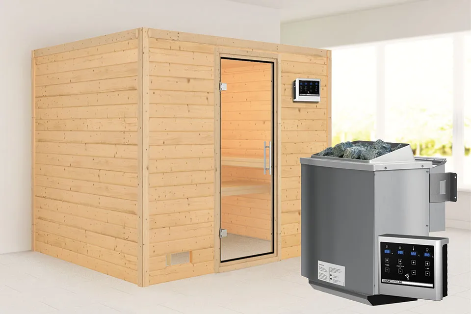 Karibu | Sonara Sauna | Helderglas Deur | Biokachel 9 kW Externe Bediening