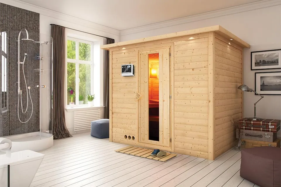 Karibu | Sonara Sauna met Dakkraag | Bronzeglas Deur