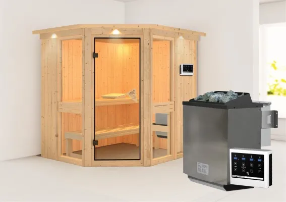 Karibu | Amelia 1 Sauna met Dakkraag | Bronzeglas Deur | Biokachel 9 kW Externe Bediening