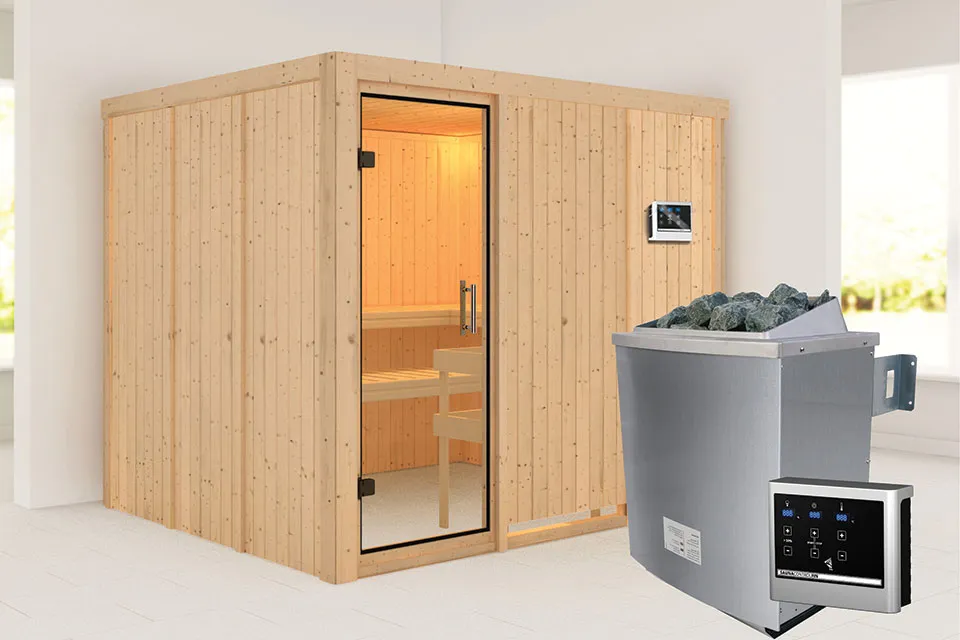 Karibu | Gobin Sauna | Helderglas Deur | Biokachel 9 kW Externe Bediening