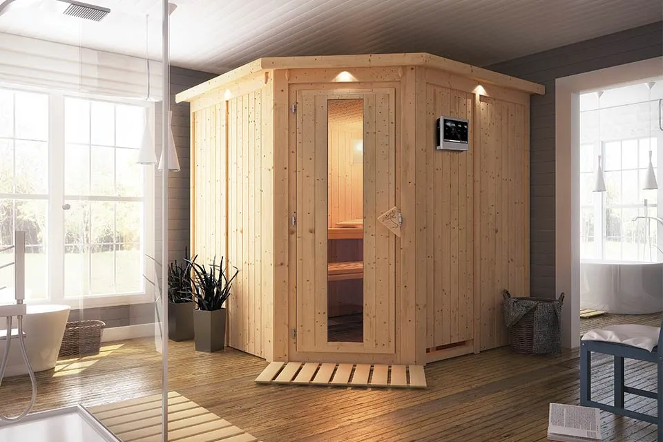 Karibu | Jarin Sauna met Dakkraag | Energiesparende Deur | Kachel 9 kW Externe Bediening