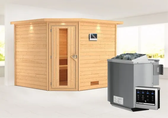 Karibu | Leona Sauna met Dakkraag | Energiesparende Deur | Biokachel 9 kW Externe Bediening