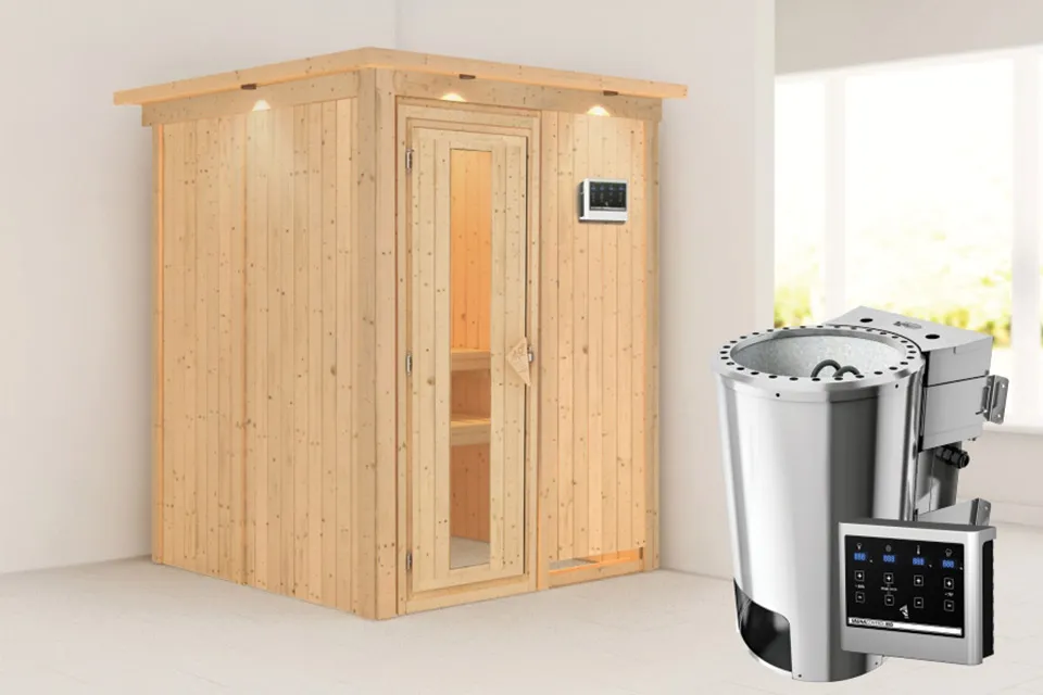 Karibu | Minja Sauna met Dakkraag | Energiesparende Deur | Biokachel 3