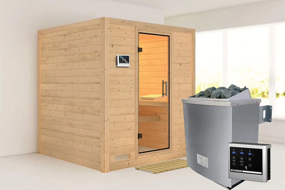 Karibu | Mojave Sauna | Helderglas Deur | Biokachel 9 kW Externe Bediening