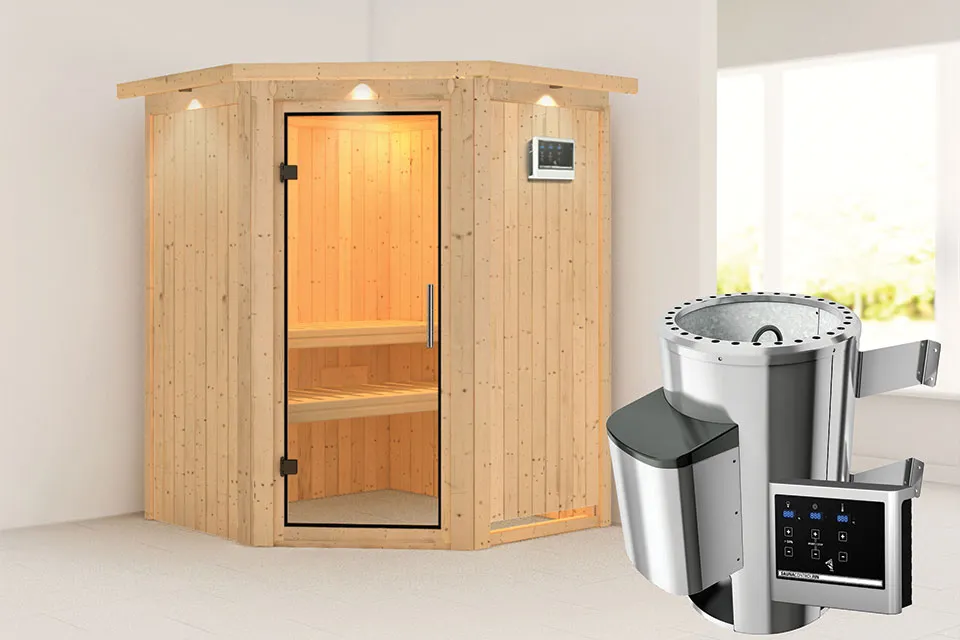 Karibu | Nanja Sauna met Dakkraag | Helderglas Deur | Kachel 3