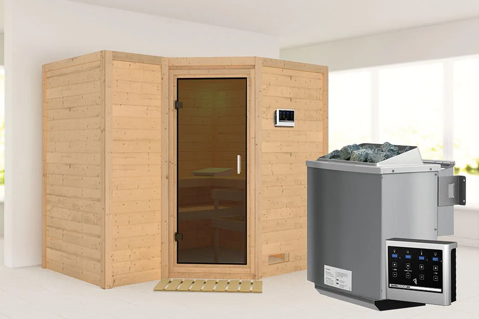 Karibu | Sahib 2 Sauna | Antracietglas | Biokachel 9 kW Externe Bediening