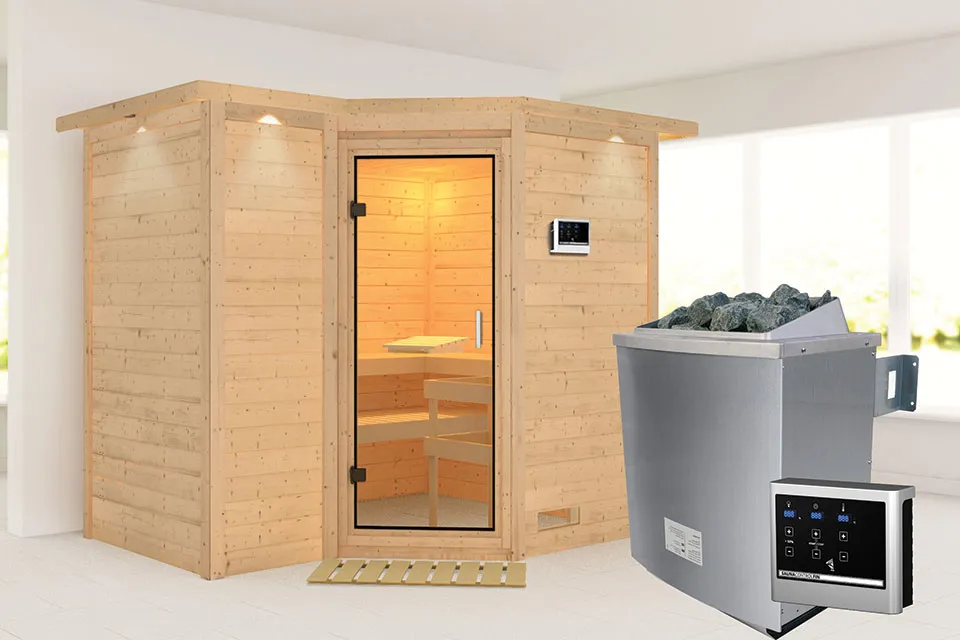 Karibu | Sahib 2 Sauna met Dakkraag | Helderglas Deur | Kachel 9 kW Externe Bediening