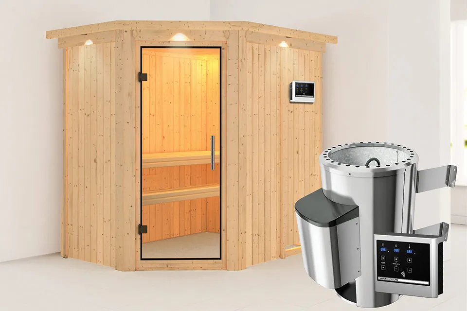 Karibu | Saja Sauna met Dakkraag | Helderglas Deur | Biokachel 3