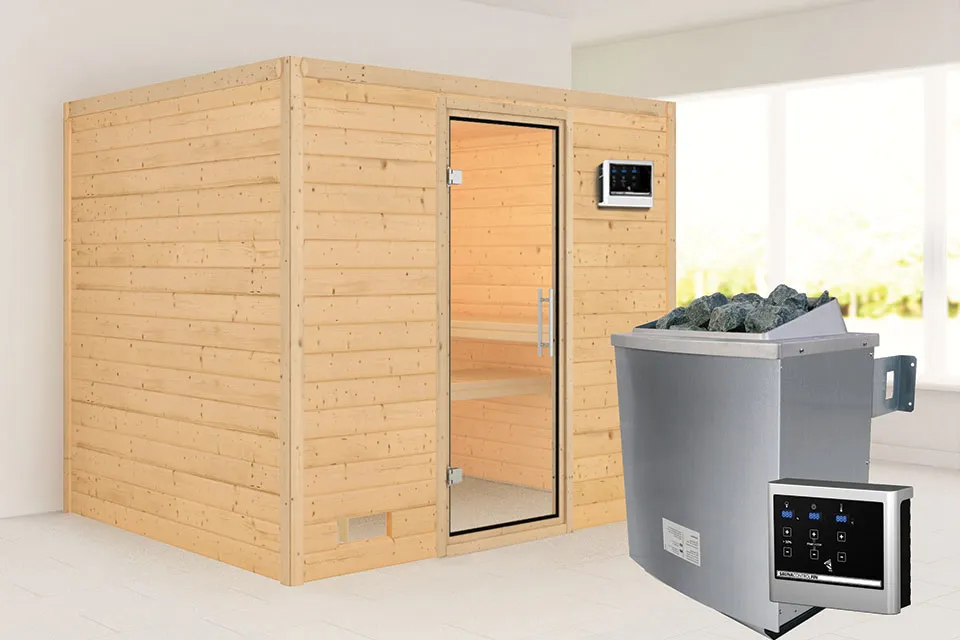 Karibu | Sonara Sauna | Helderglas Deur | Kachel 9 kW Externe Bediening