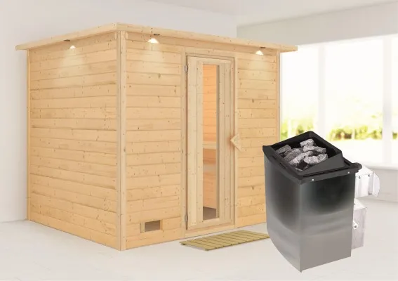 Karibu | Sonara Sauna met Dakkraag | Energiesparende Deur | Kachel 9 kW Geïntegreerde Bediening